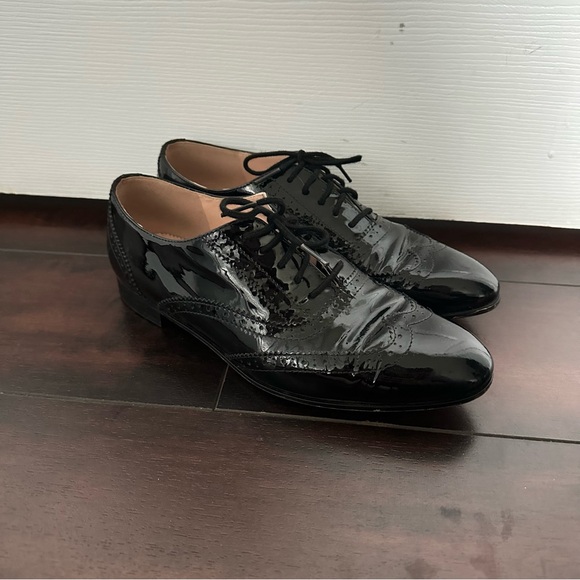 Size 7 J Crew Women’s Patent Leather Oxford Wingtip Brogue Dress Shoes Black - Picture 2 of 7